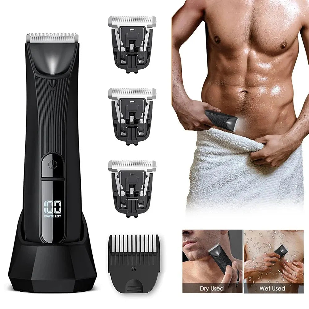 Rechargeable body trimmer for men designed for sensitive areas, featuring a waterproof design and painless epilation technology.