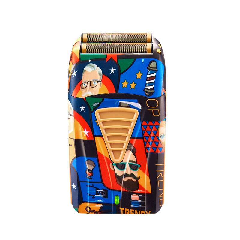 Rechargeable men's electric shaver with floating reciprocating cutter head and accessories.