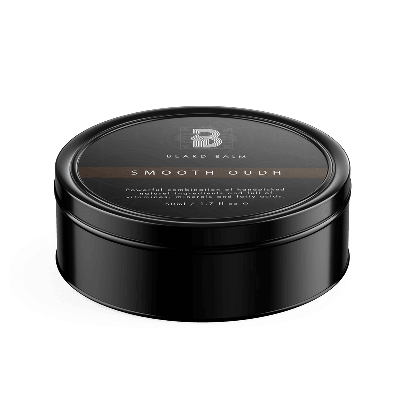 Smooth Oudh Beard Balm 50ml jar with a rich, dark scent, featuring a blend of oud, vanilla, and caramel for luxurious beard care.