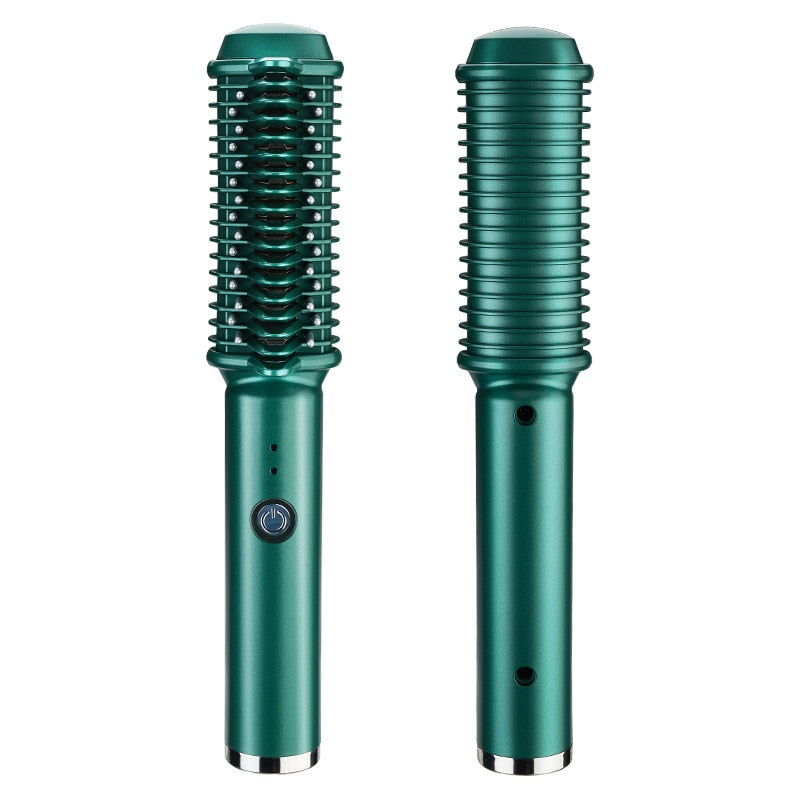 Travel Portable Charging Hot Air Comb in green color, showcasing its sleek design and USB charging capability.