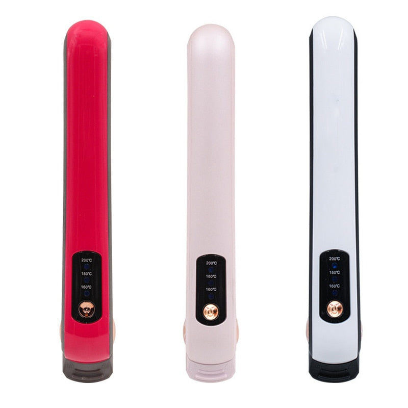 USB Rechargeable Curling Iron with ceramic heating element, designed for cordless use and travel-friendly styling.