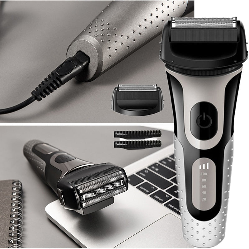 USB Rechargeable Electric Shaver for Men with LED display and waterproof design, ideal for wet and dry shaving.