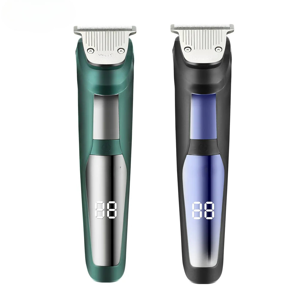Waterproof Barber Electric Hair Clipper with LED display, USB charging, and stainless steel blade in green and blue colors.