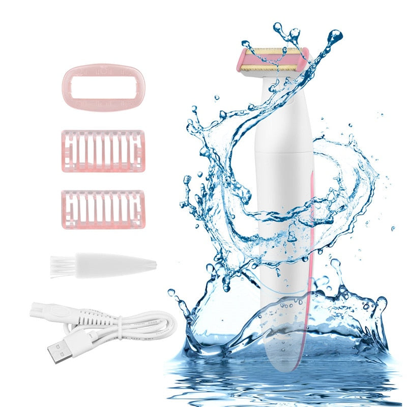 Waterproof electric women epilator designed for hair removal on face, bikini, and legs, featuring ergonomic design and gold-plated blades.