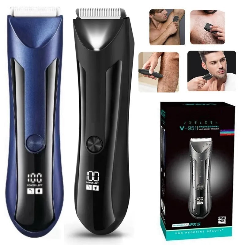 Waterproof Groin Body Trimmer for men and women, featuring a sleek design, professional blades, and adjustable comb settings for precise grooming.