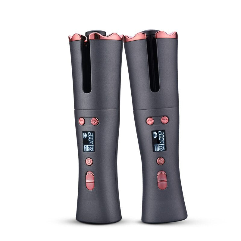 Wireless Auto Curling Iron with LED display and compact design, perfect for effortless hair styling.