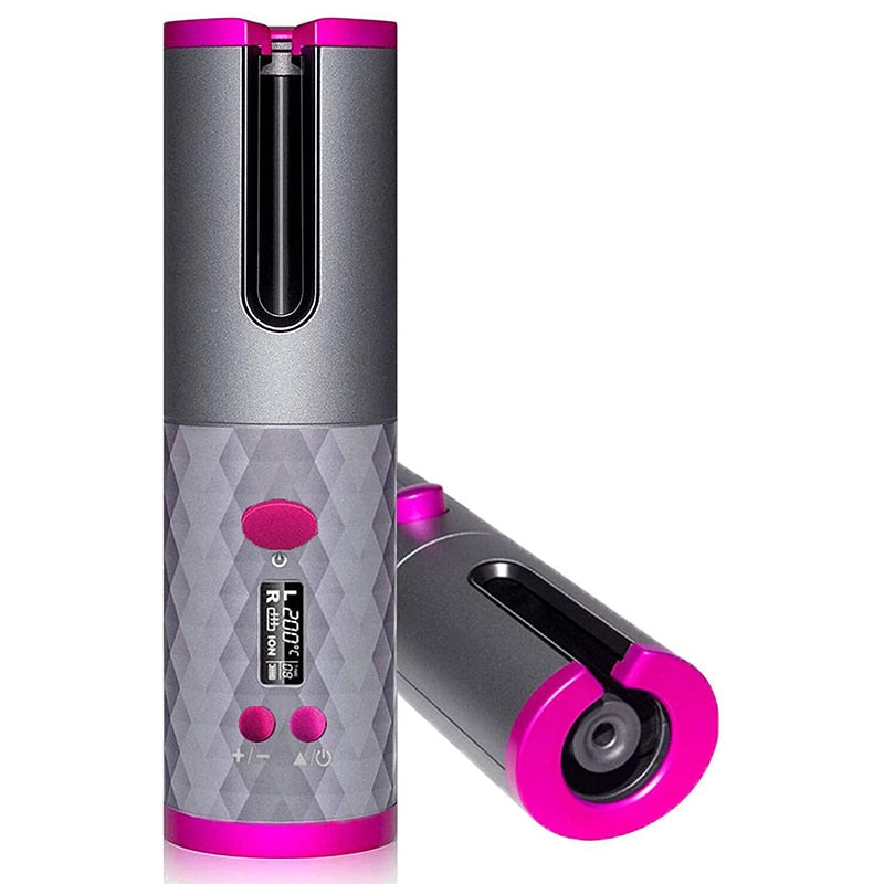 Wireless Automatic Hair Curler with ceramic coating, rechargeable design, and digital display for temperature and timer settings.