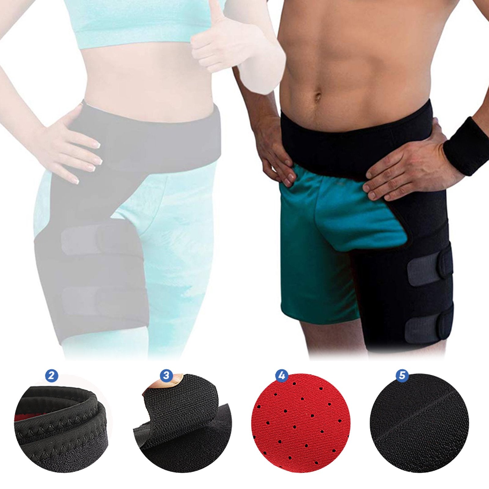 Unisex adjustable hip brace with thigh compression sleeve, designed for comfort and support during physical activities.