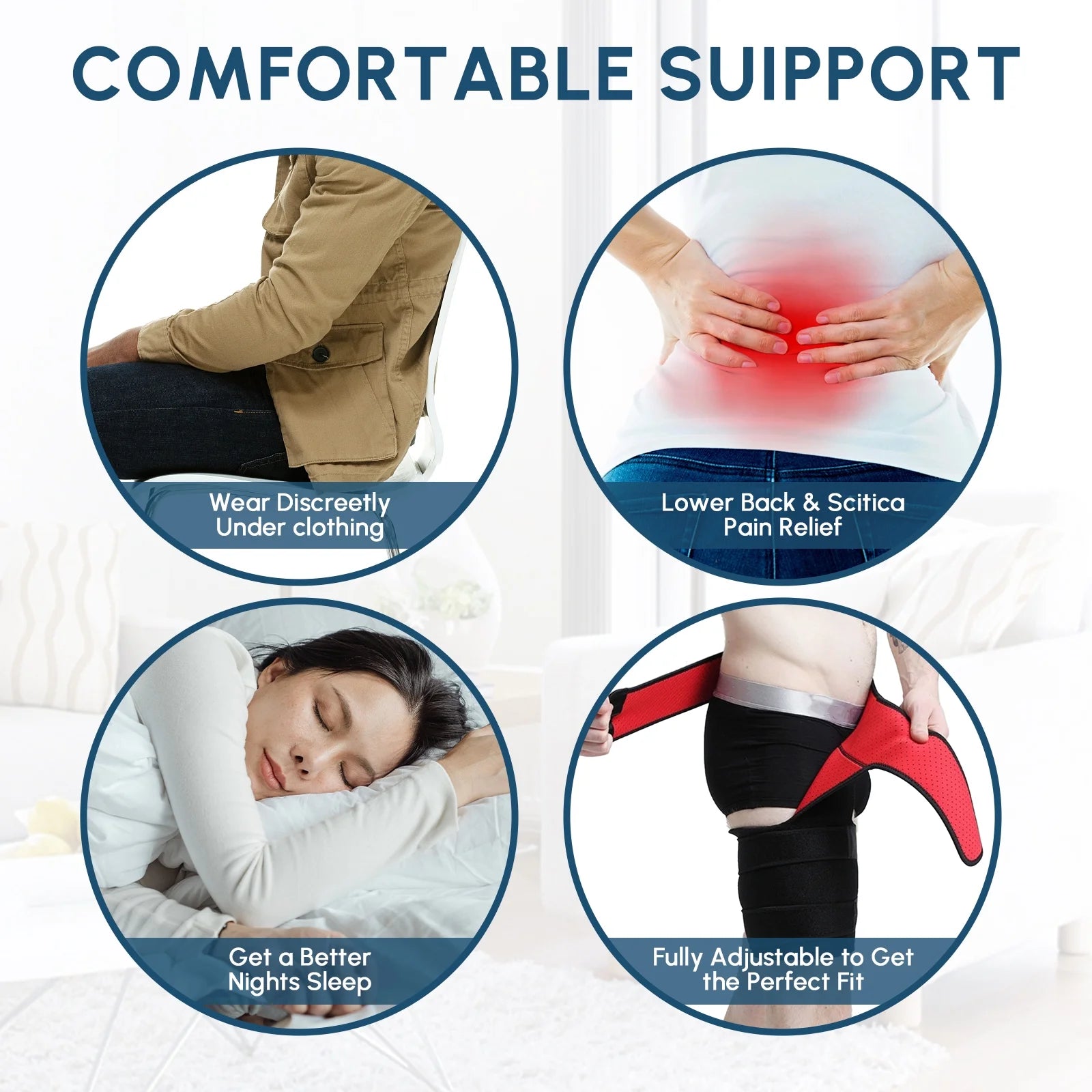 Unisex adjustable hip brace with thigh compression sleeve, designed for comfort and support during physical activities.