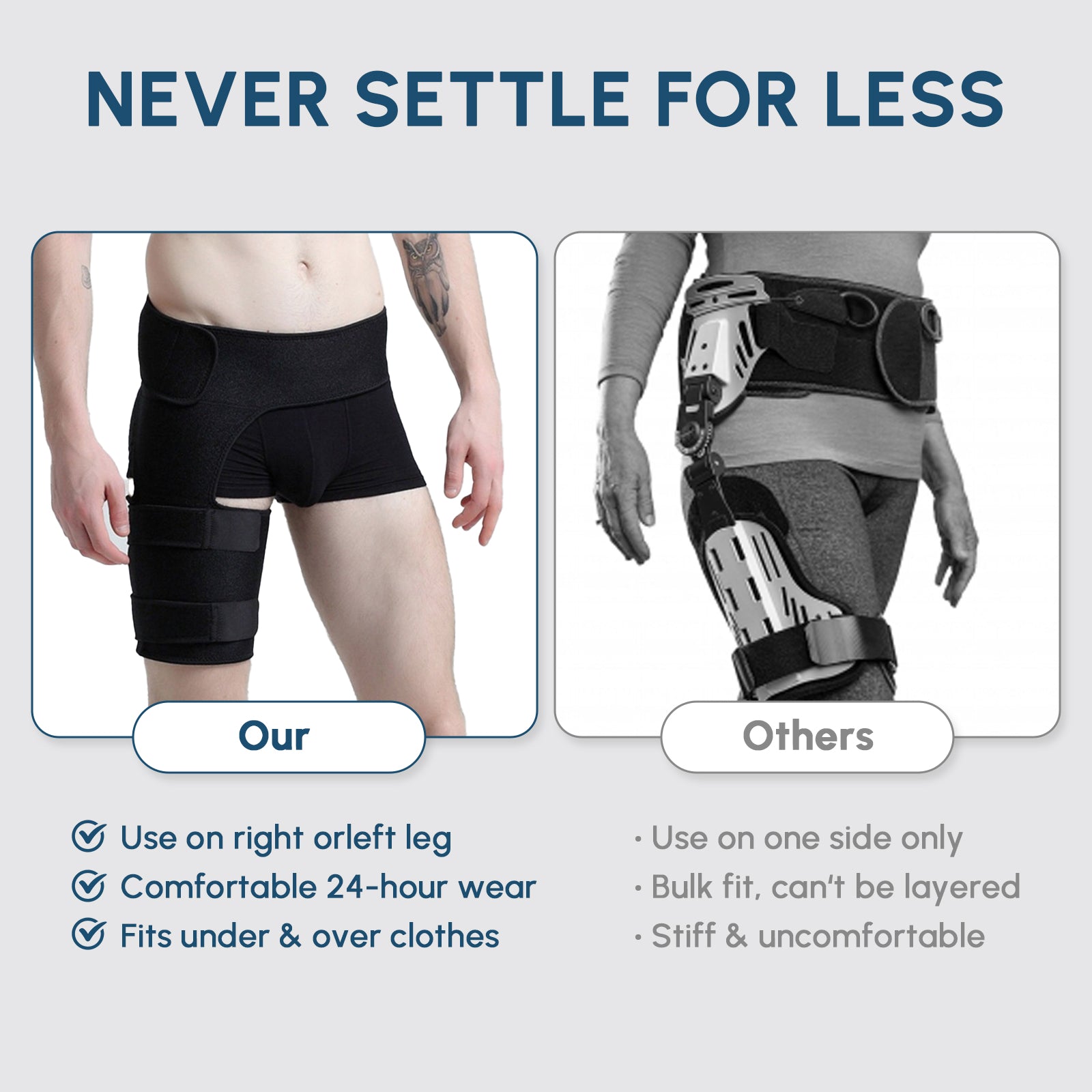 Unisex adjustable hip brace with thigh compression sleeve, designed for comfort and support during physical activities.