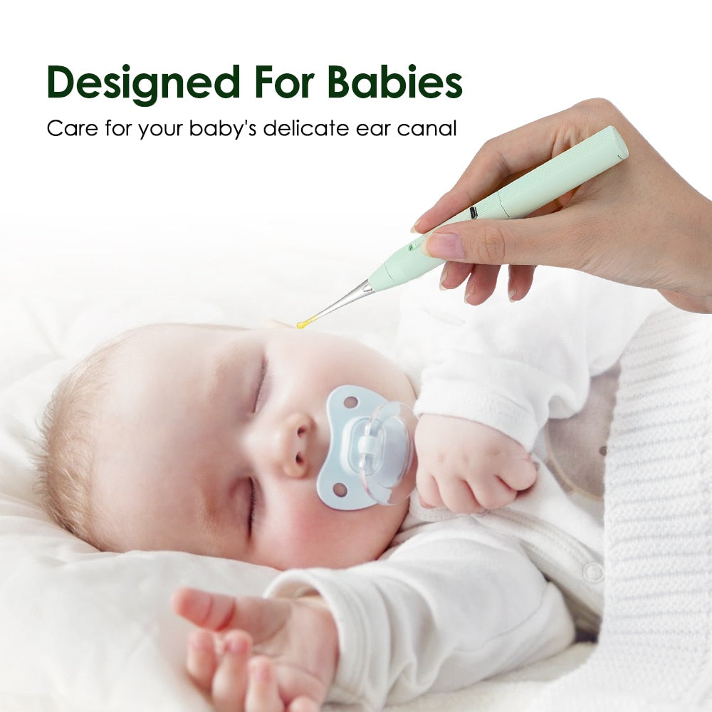A green Baby Ear Cleaner Tool set with a flashlight, silicone spoon heads, and storage box, designed for safe earwax removal in infants.