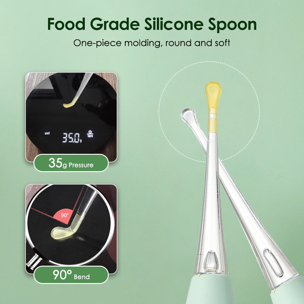 A green baby ear cleaner tool set with a flashlight, soft spoon heads, and storage box, designed for safe ear wax removal in infants.