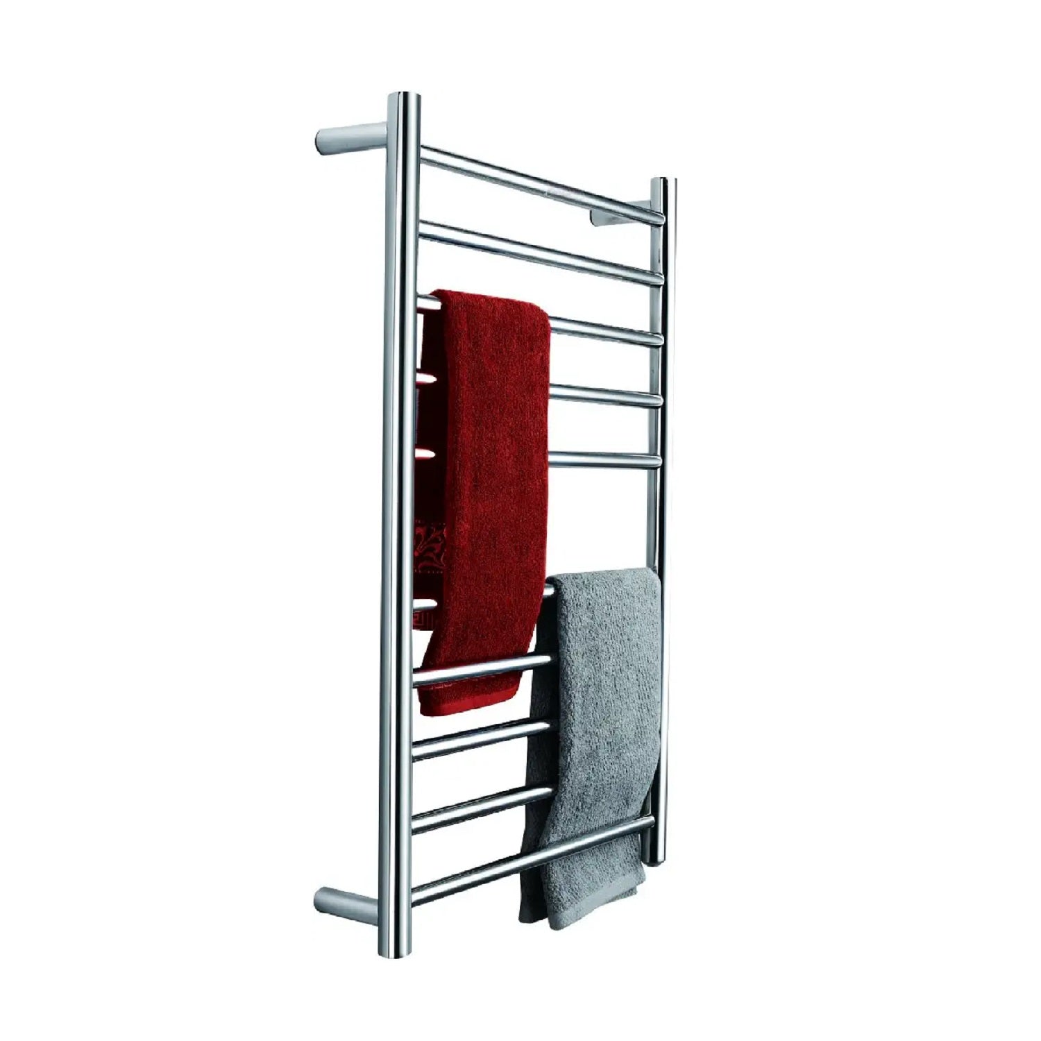 10 bar stainless steel wall mounted electric towel warmer with polished finish, designed for efficient towel drying and heating.