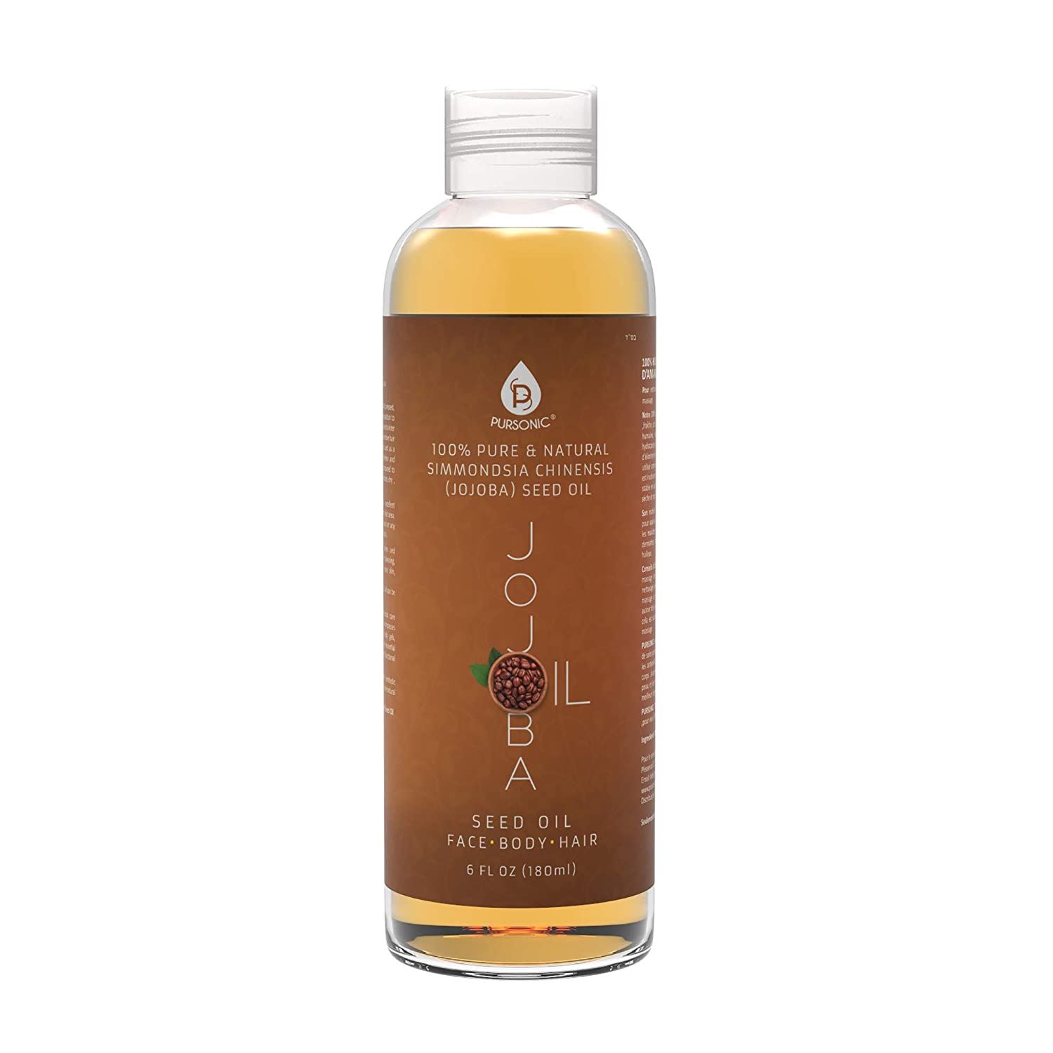 A 6 oz bottle of 100% Pure & Natural Golden Jojoba Oil, showcasing its elegant packaging and rich golden color.