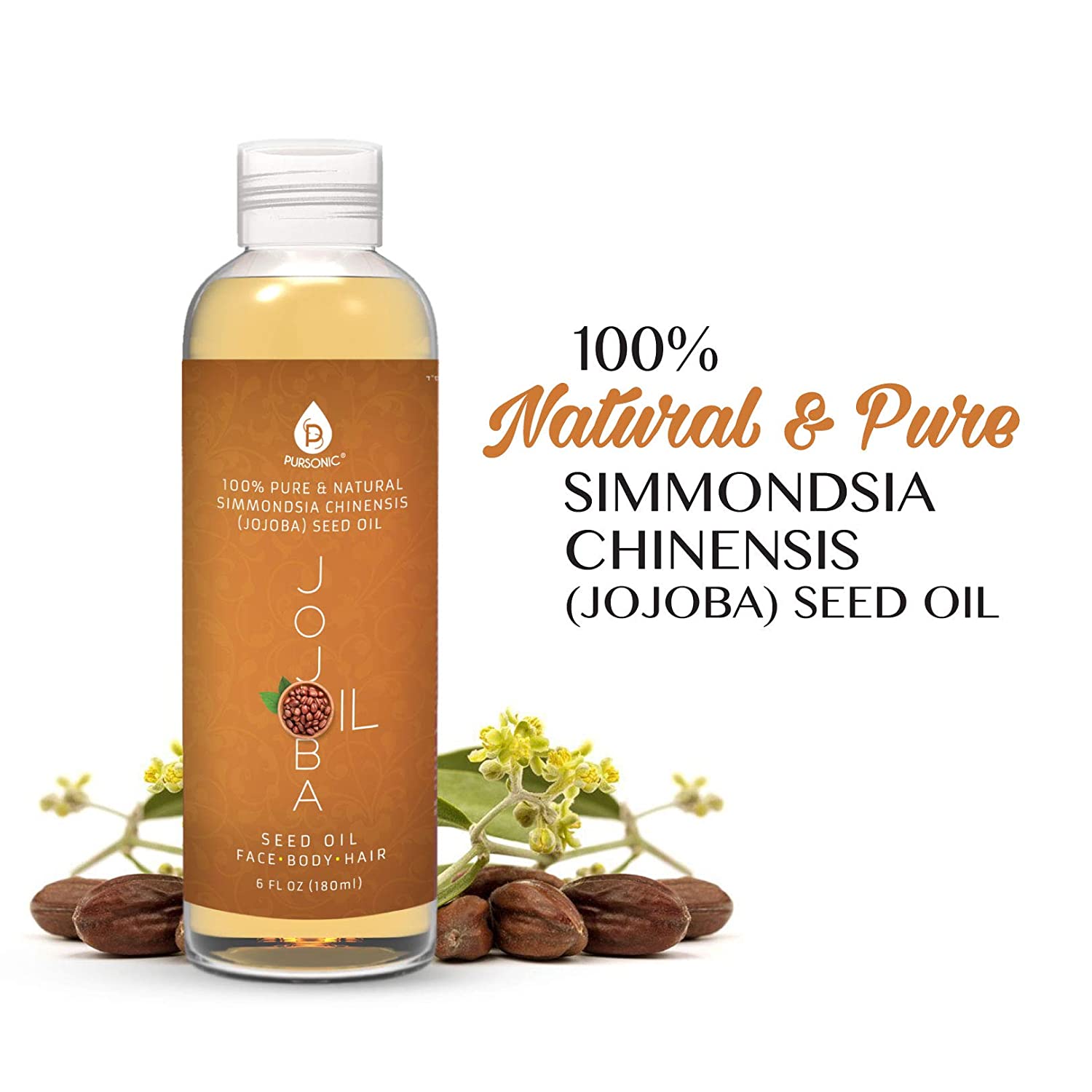 A 6 oz bottle of 100% Pure & Natural Golden Jojoba Oil, showcasing its elegant packaging and rich golden color.