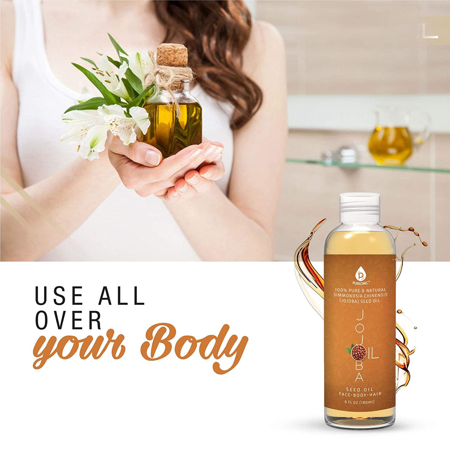 A 6 oz bottle of 100% Pure & Natural Golden Jojoba Oil, showcasing its elegant packaging and rich golden color.