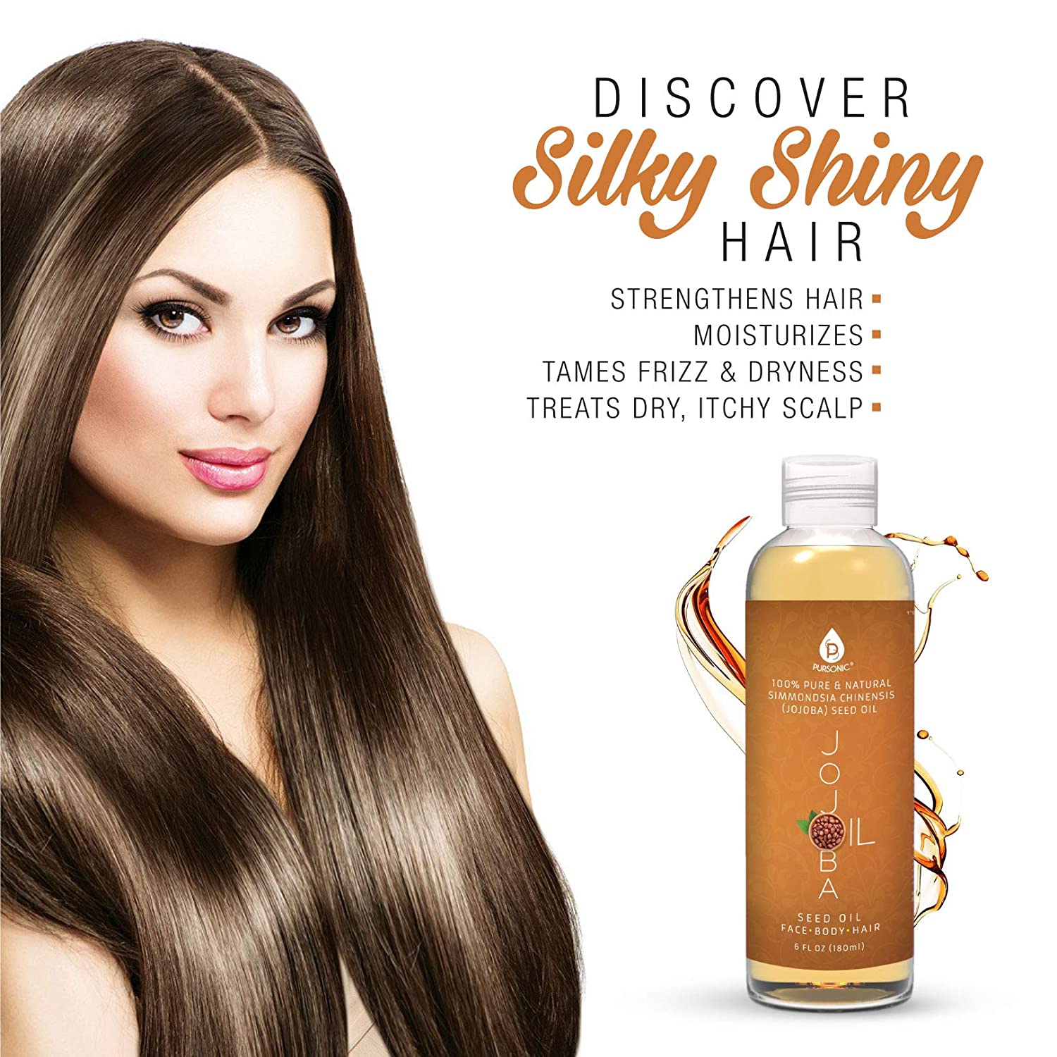 A 6 oz bottle of 100% Pure & Natural Golden Jojoba Oil, showcasing its elegant packaging and rich golden color.