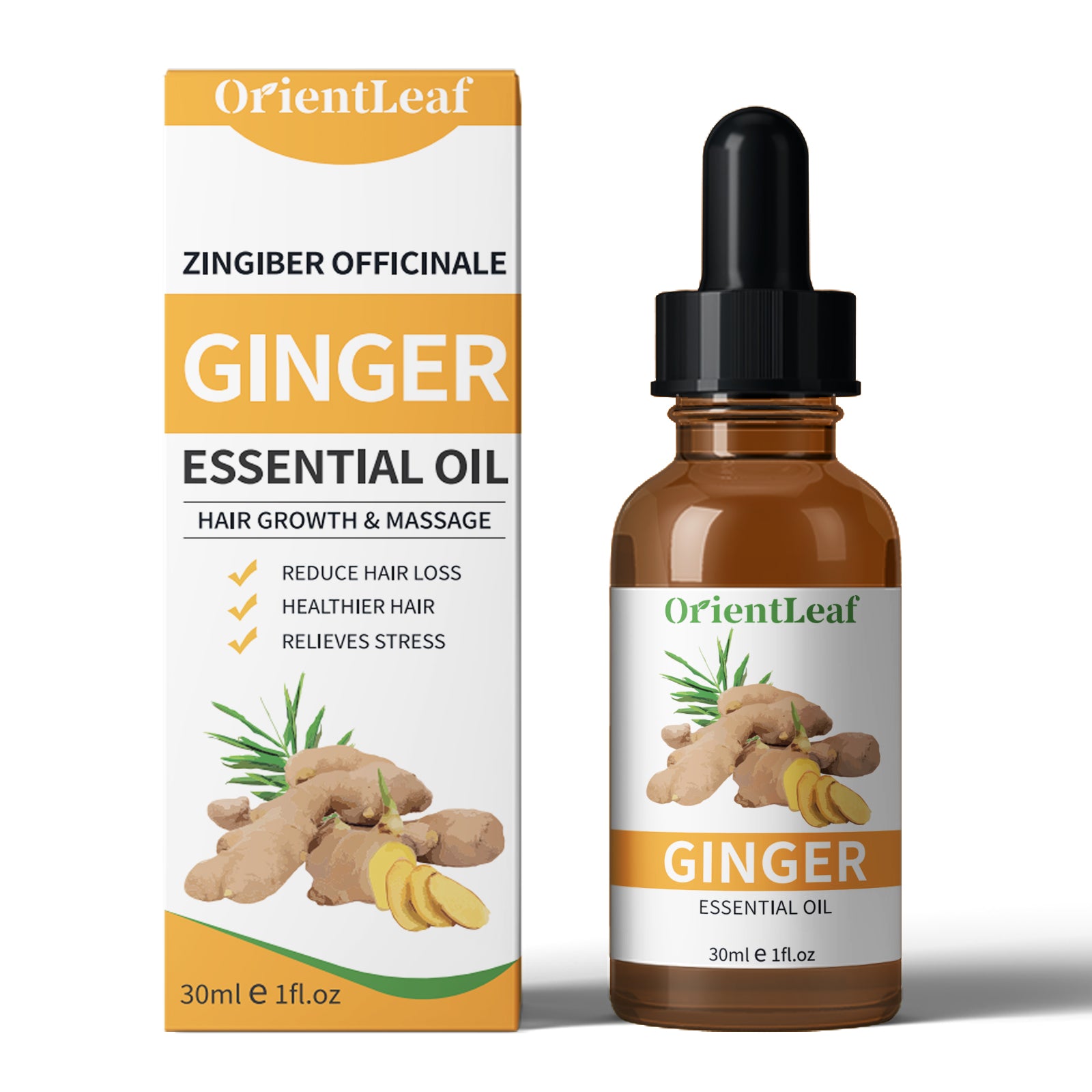 1.05 fl oz Ginger Essential Oil in an amber bottle with a dropper, showcasing its natural extraction and soothing properties.