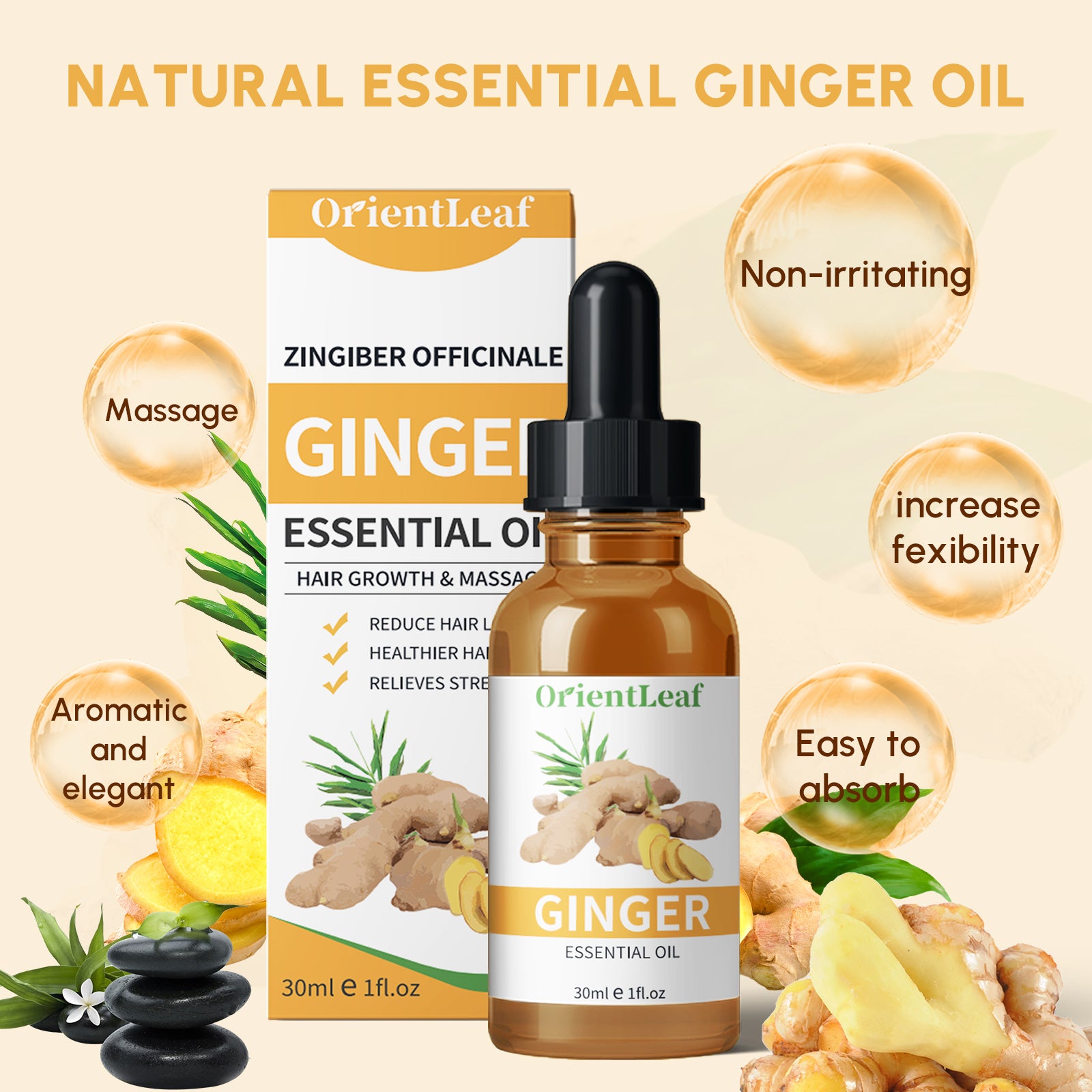 1.05 fl oz Ginger Essential Oil in an amber bottle with a dropper, showcasing its natural extraction and soothing properties.