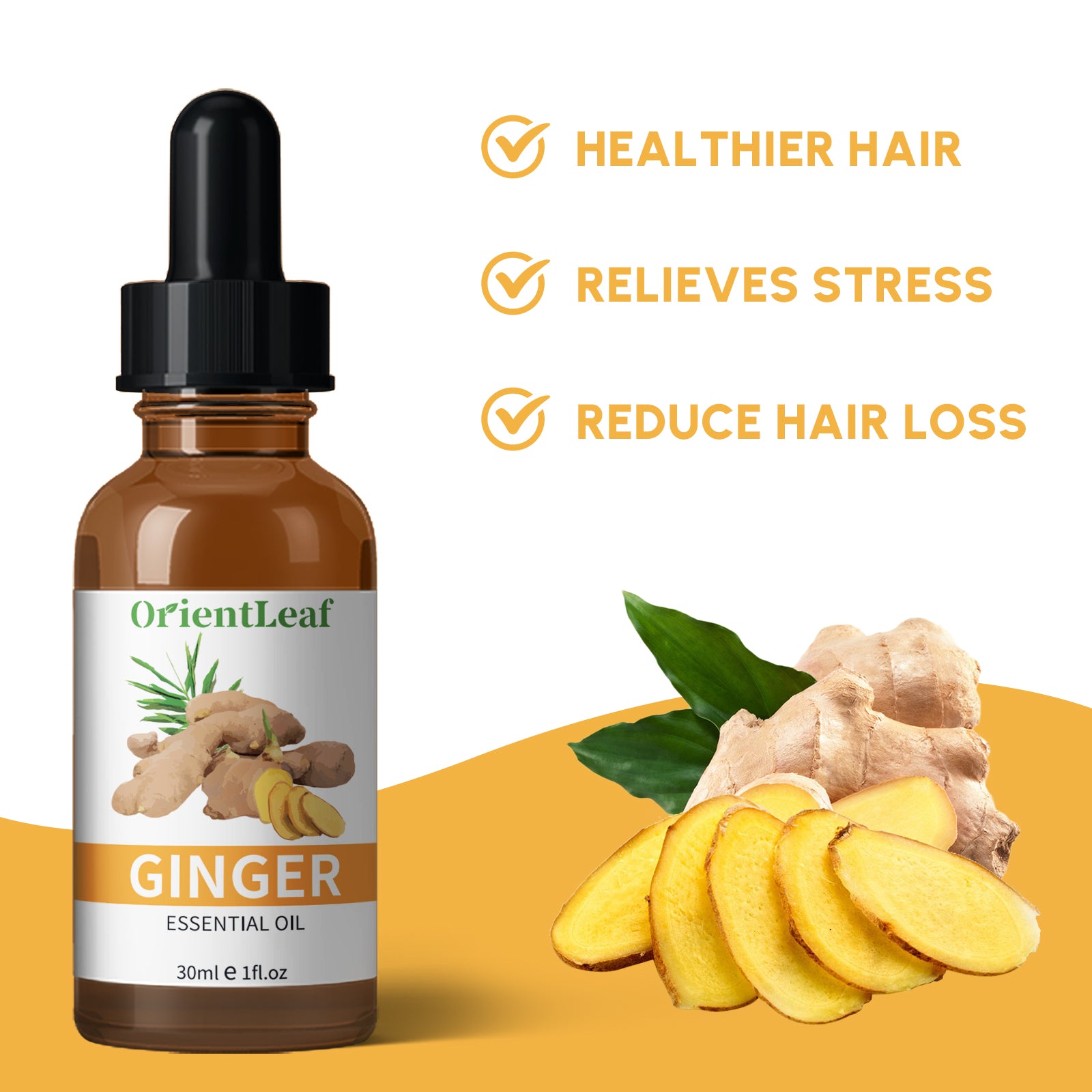 1.05 fl oz Ginger Essential Oil in an amber bottle with a dropper, showcasing its natural extraction and soothing properties.