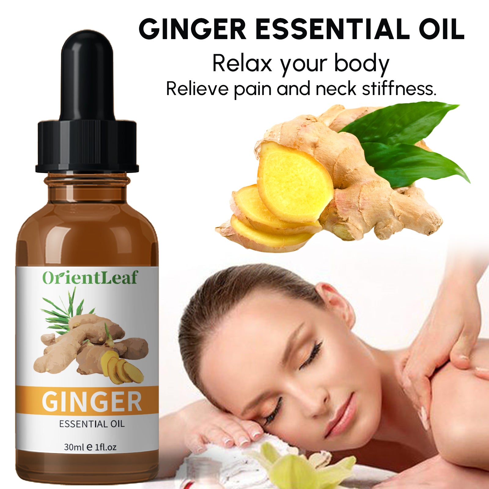 1.05 fl oz Ginger Essential Oil in an amber bottle with a dropper, showcasing its natural extraction and soothing properties.