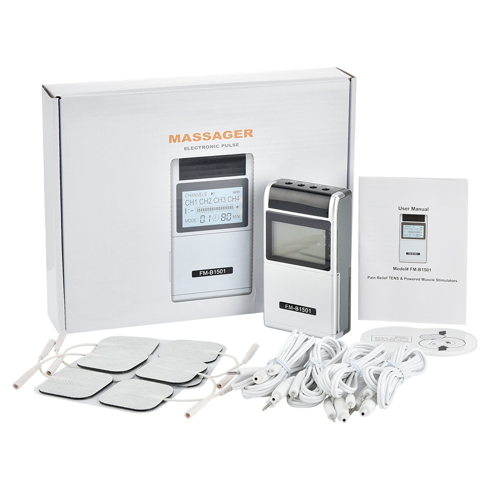15 Mode Electric Tens Muscle Stimulator with LCD display and electrode pads for effective body massage.
