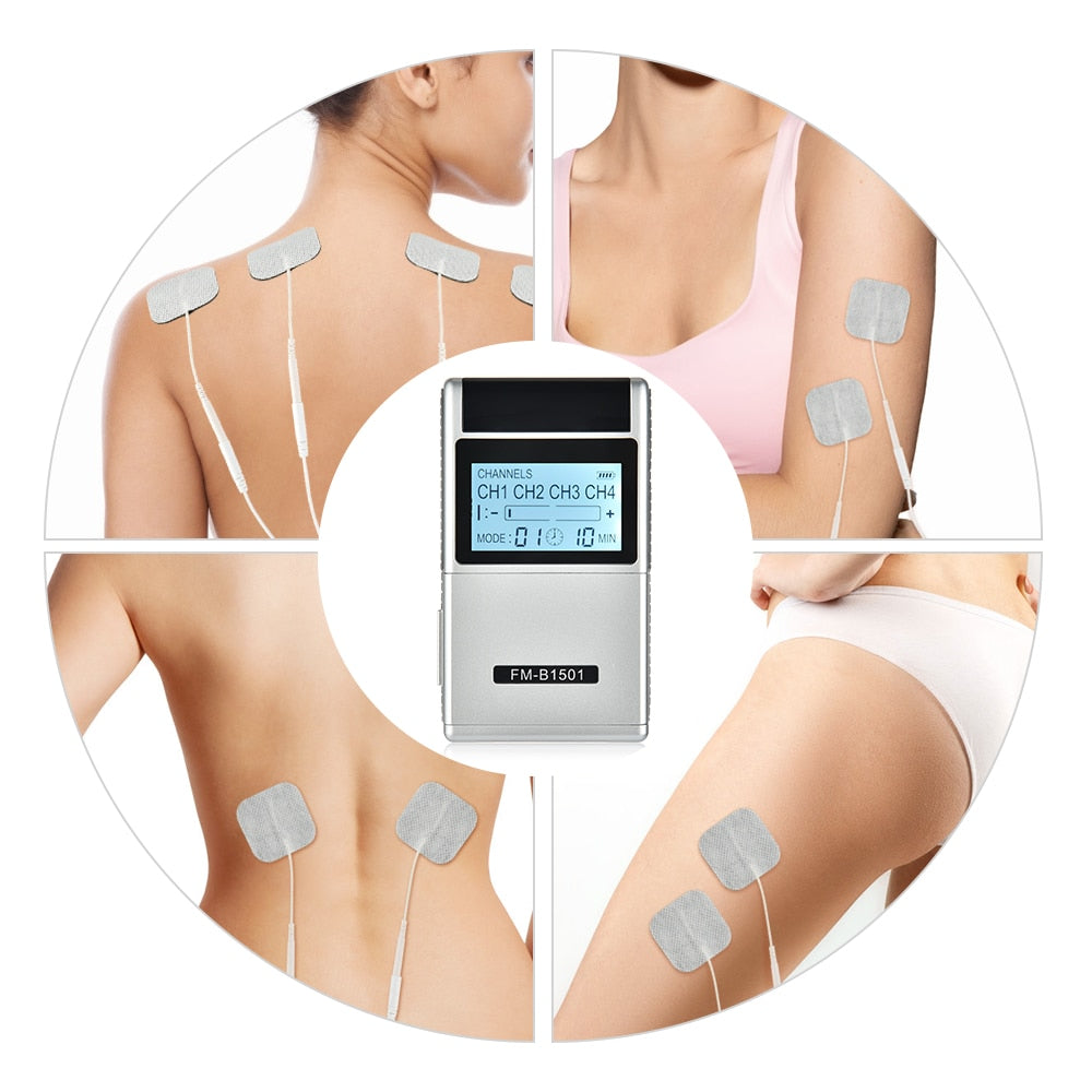 15 Mode Electric Tens Muscle Stimulator with LCD display and electrode pads for effective body massage.