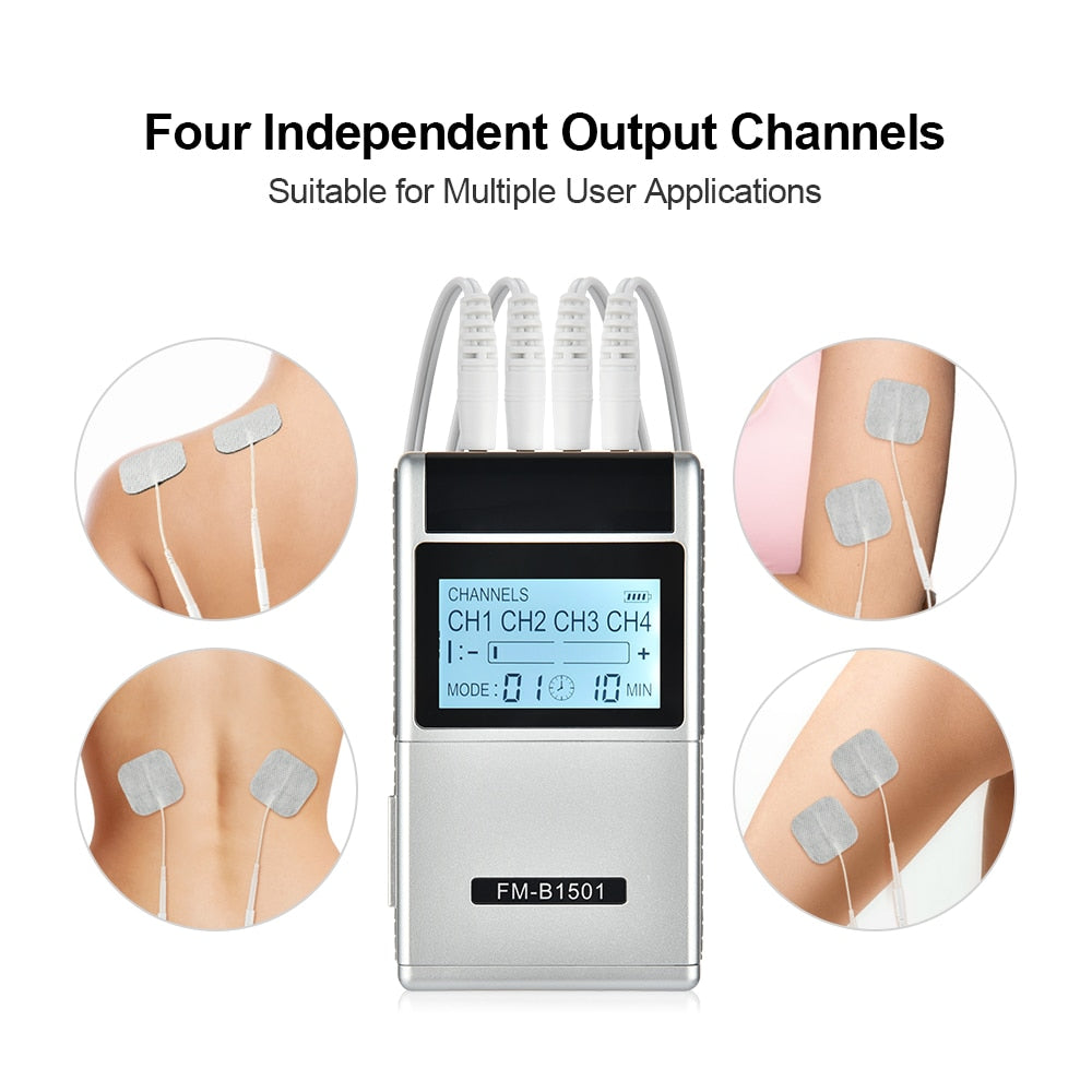 15 Mode Electric Tens Muscle Stimulator with LCD display and electrode pads for effective body massage.