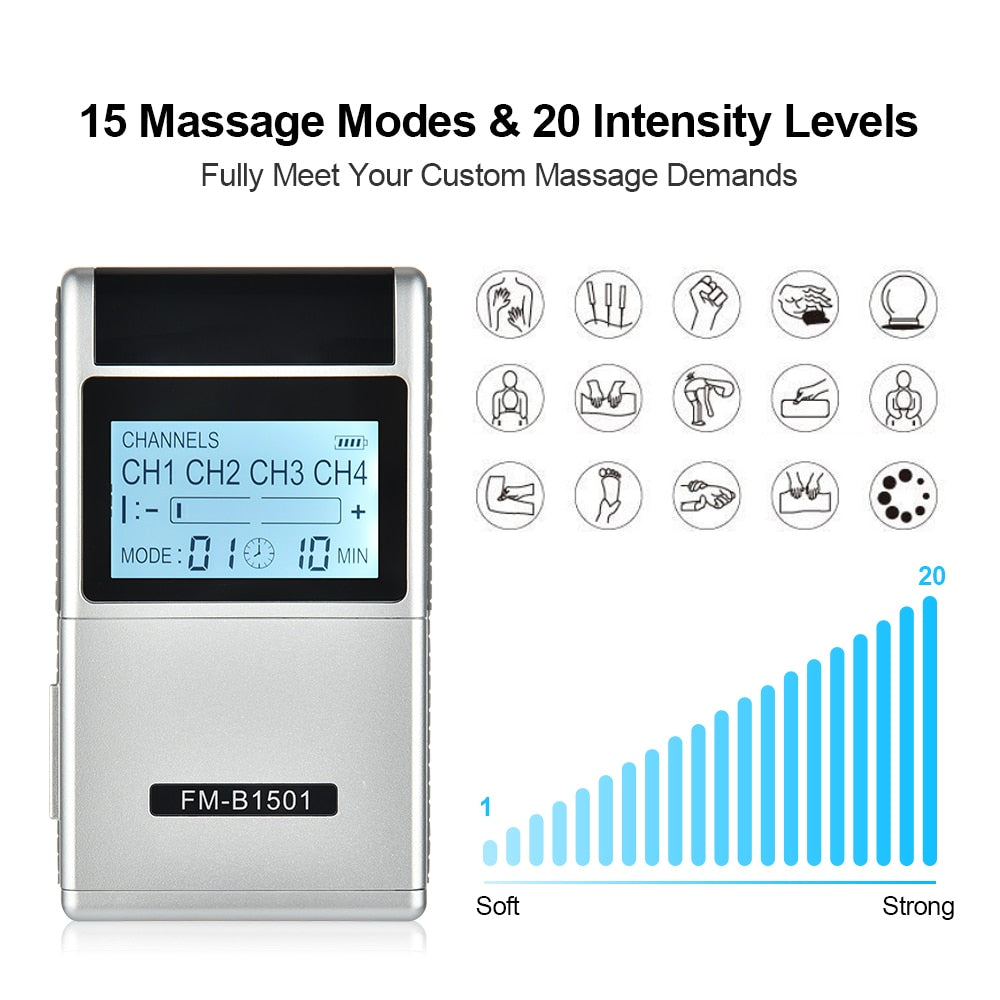 15 Mode Electric Tens Muscle Stimulator with LCD display and electrode pads for effective body massage.