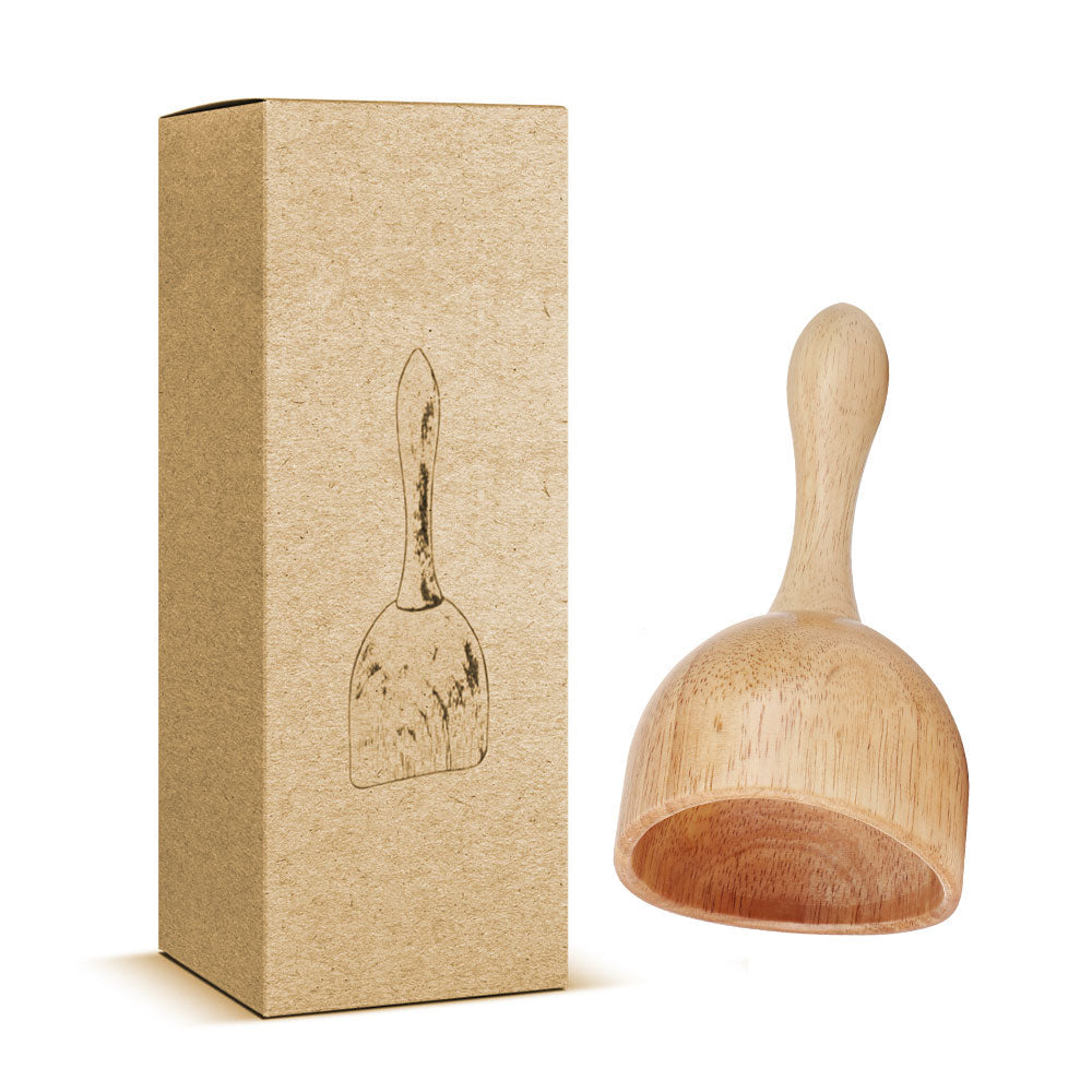 A handcrafted wooden massage cup made from natural rubber wood, featuring a smooth surface and ergonomic long handle for easy grip.