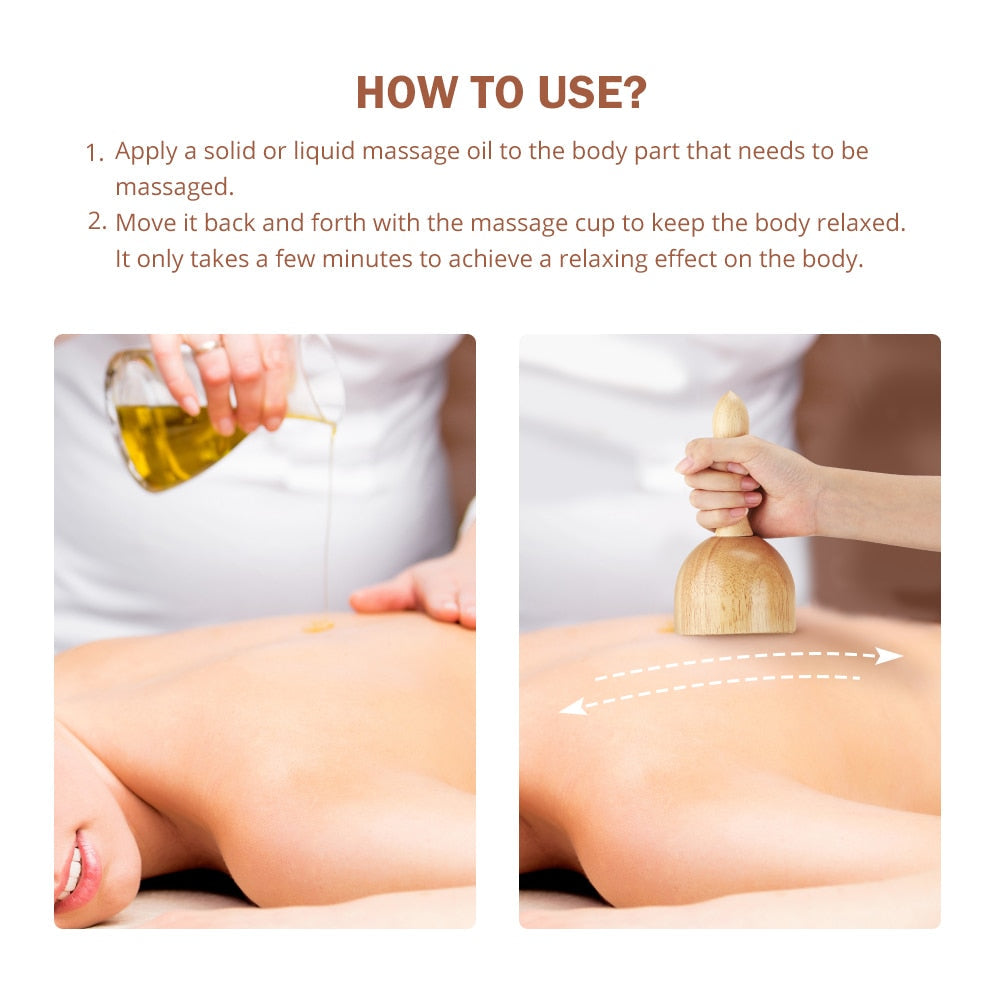 A handcrafted wooden massage cup made from natural rubber wood, featuring a smooth surface and ergonomic long handle for easy grip.