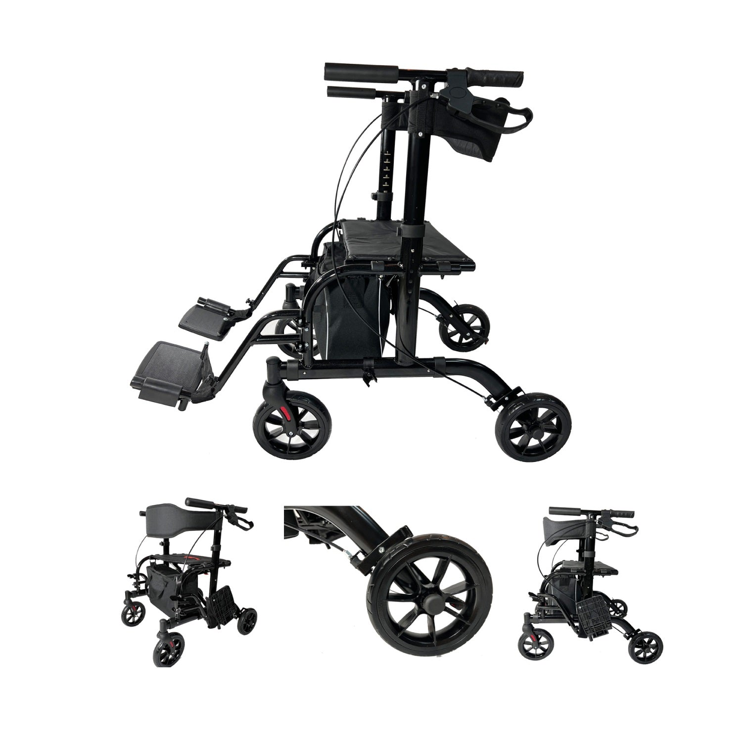 2 IN 1 Rolling Rollator Walker with large wheels and padded seat, convertible to a transport wheelchair.
