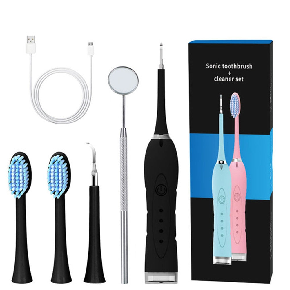 2 in 1 Sonic Dental Scaler Electric Toothbrush with USB charging, featuring a stainless steel head and multiple cleaning tips.
