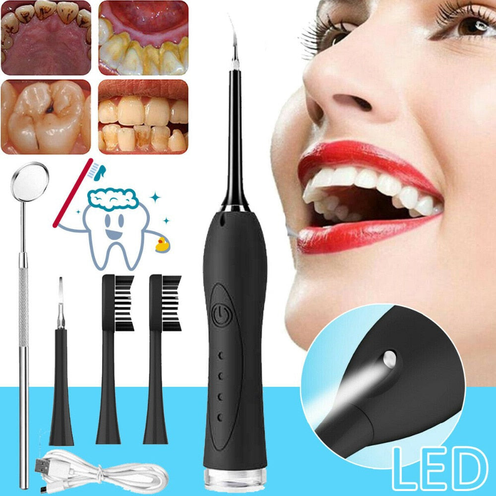 2 in 1 Sonic Dental Scaler Electric Toothbrush with USB charging, featuring a sleek design and multiple cleaning heads for effective dental care.