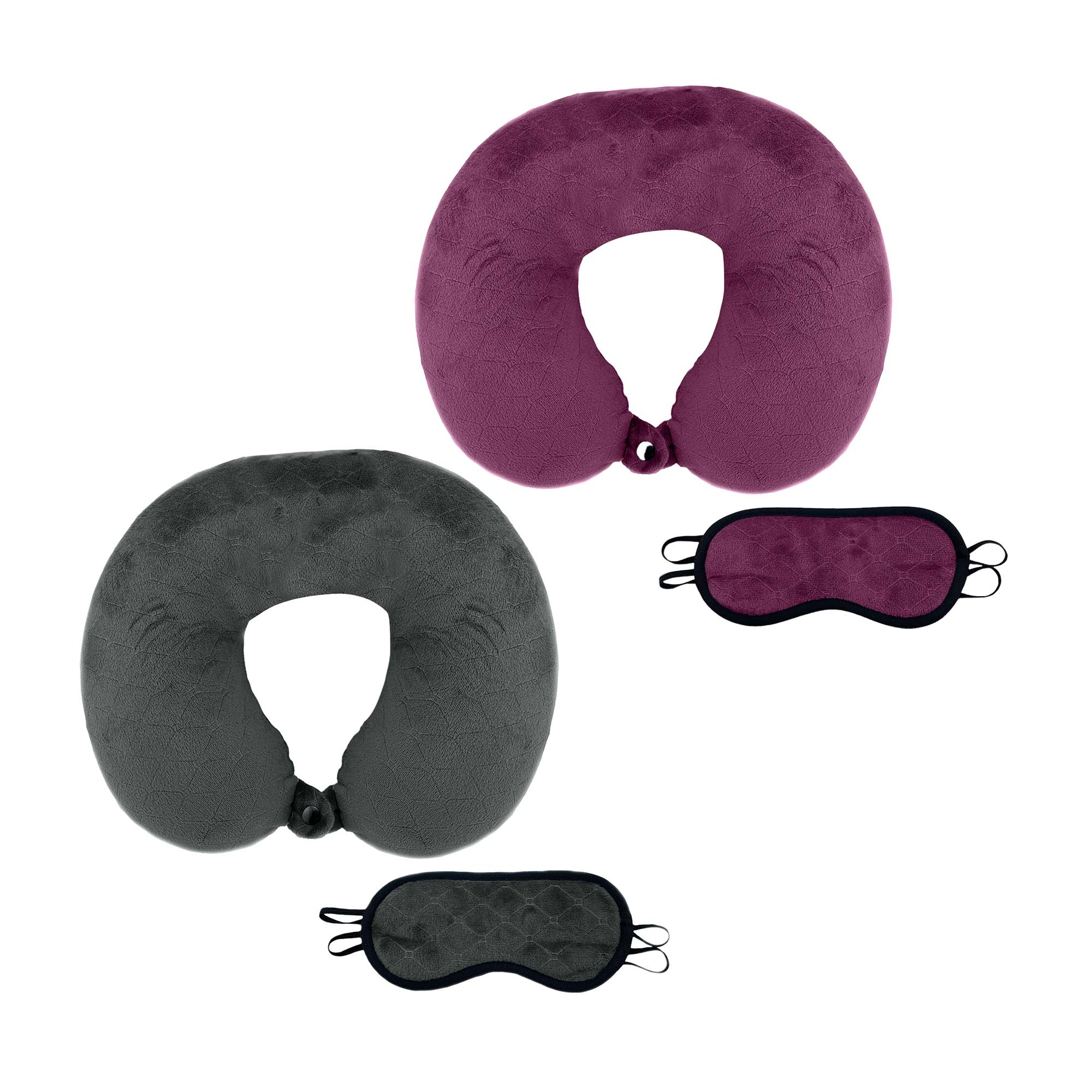 Two memory foam travel pillows with soft covers and adjustable sleep masks, designed for couples traveling together.