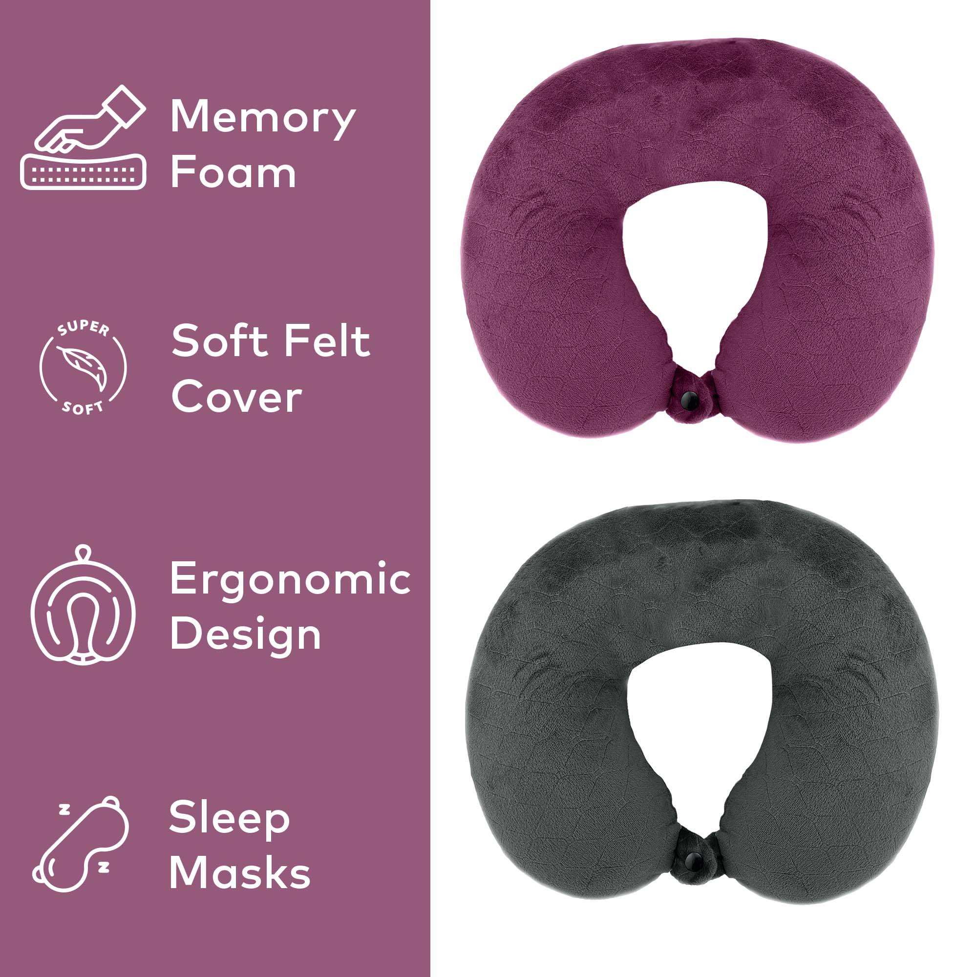 Two memory foam travel pillows with soft covers and adjustable sleep masks, designed for couples traveling together.