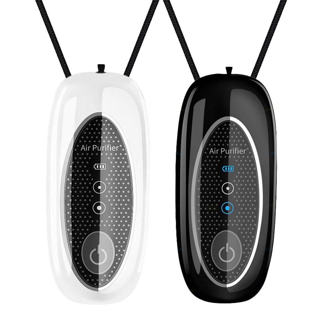 Two pieces of portable wearable air purifiers in black and white, designed for personal use, hanging from lanyards.