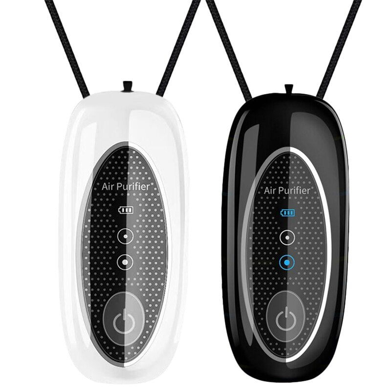 Two pieces of portable wearable air purifiers in black and white, designed for personal use, hanging from lanyards.