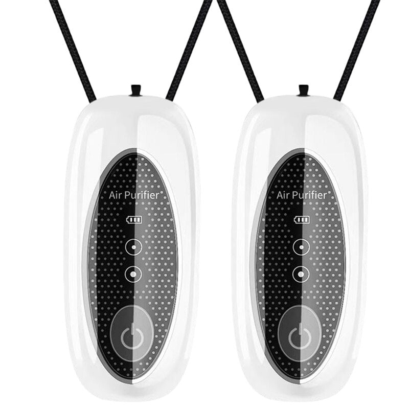 Two pieces of portable wearable air purifiers in black and white, designed for personal use, hanging from lanyards.