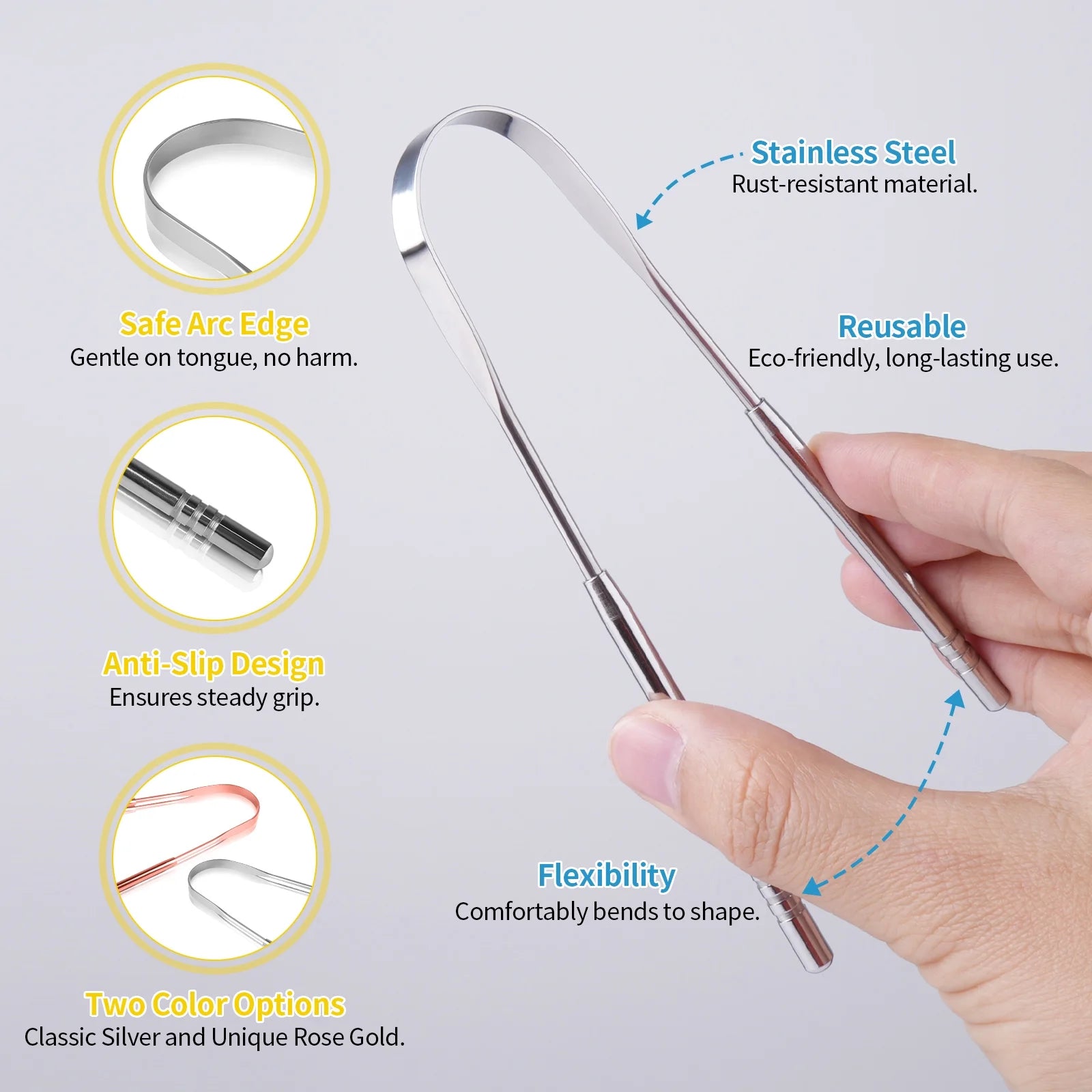 Two stainless steel tongue scrapers in a portable case, showcasing ergonomic design and eco-friendly material.