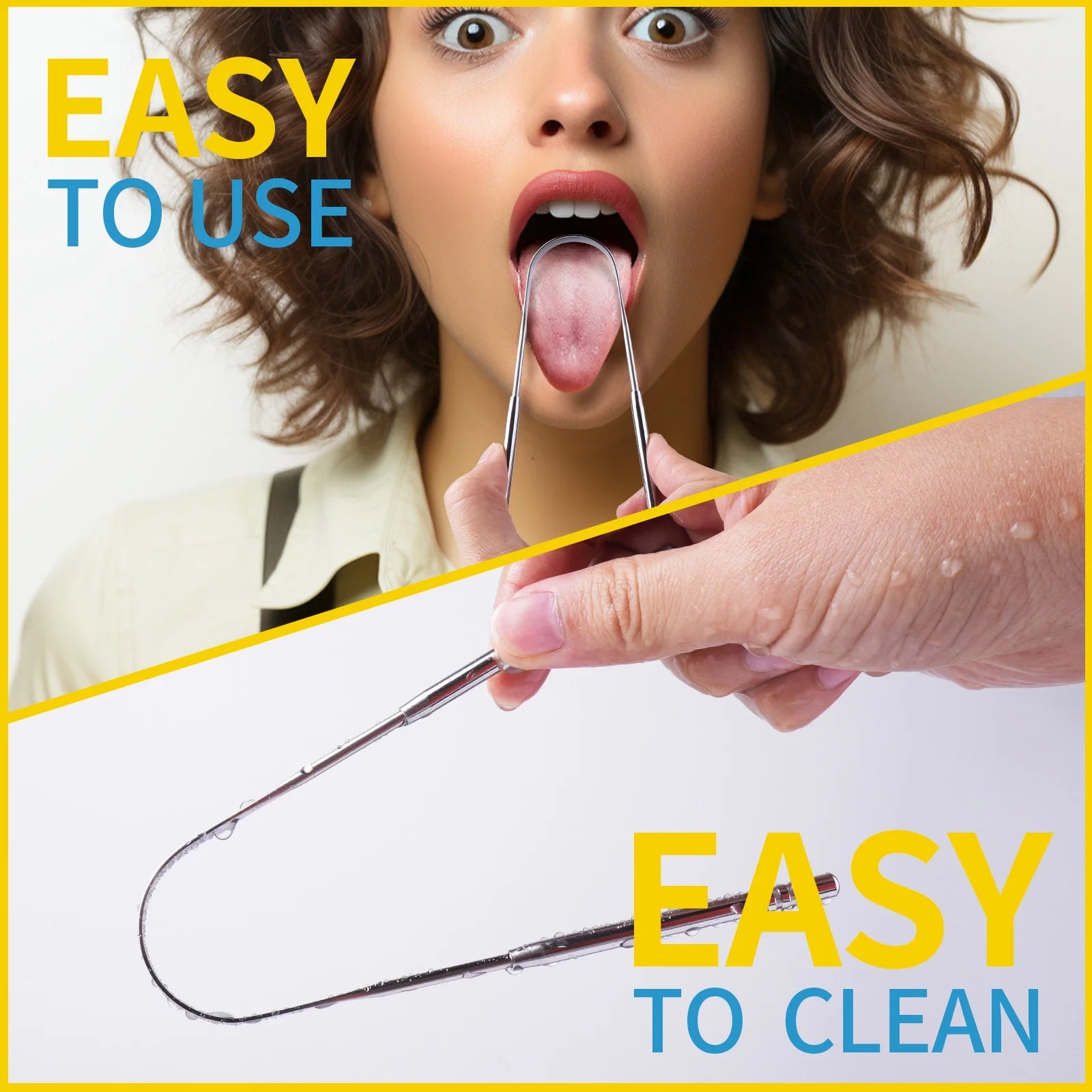 Two stainless steel tongue scrapers in a portable case, showcasing ergonomic design and eco-friendly material.