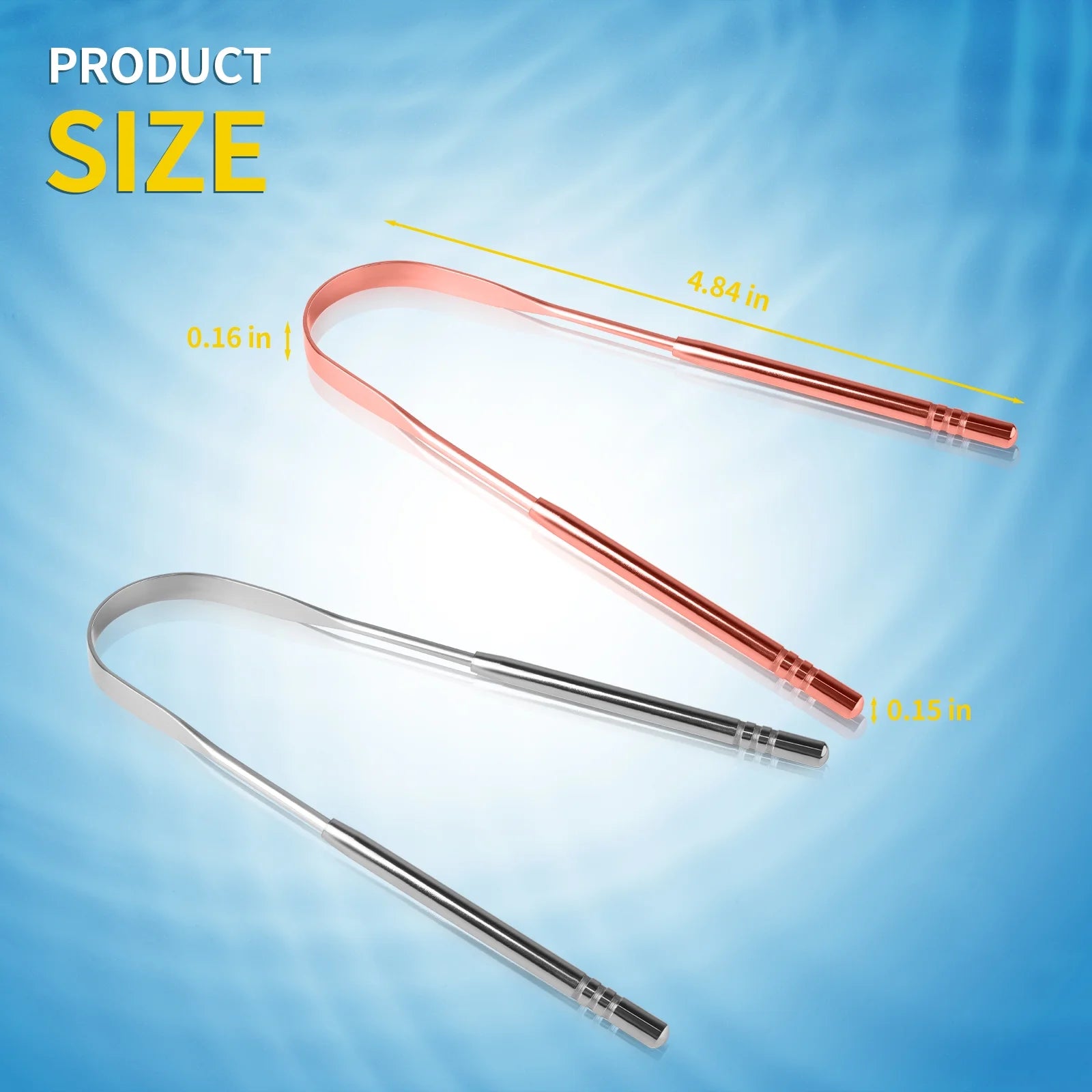 Two stainless steel tongue scrapers in a portable case, showcasing ergonomic design and eco-friendly material.