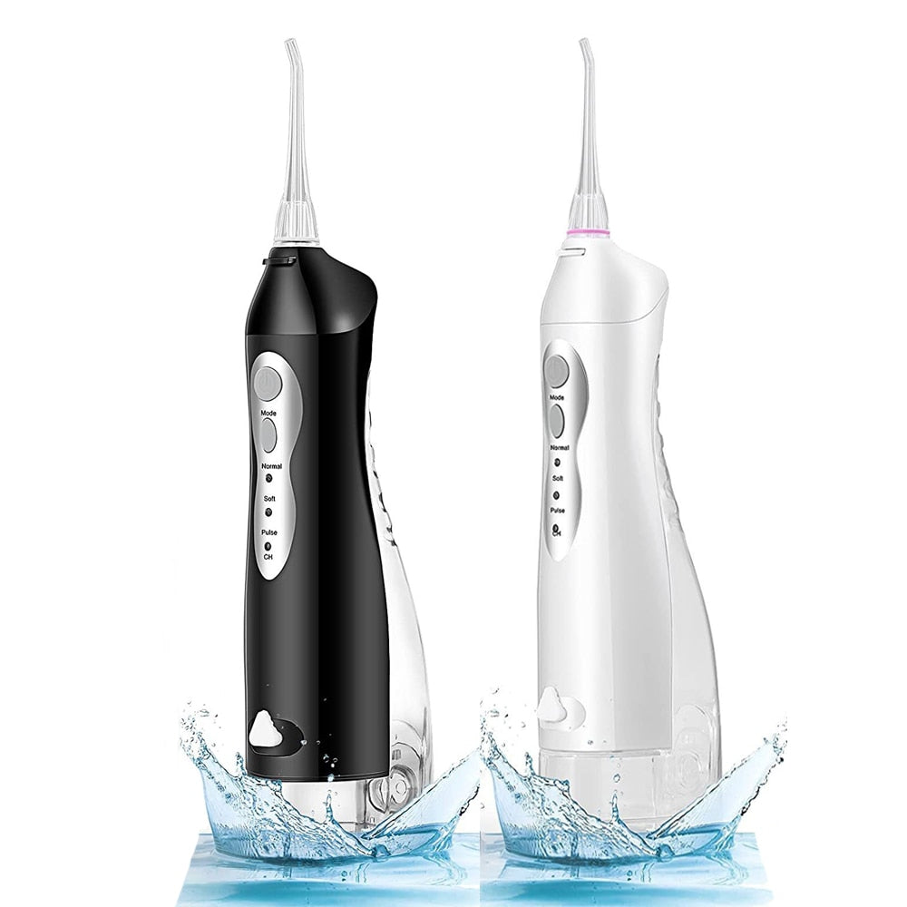 220ML Portable Dental Water Flosser with USB charging, featuring multiple nozzles and a waterproof design.