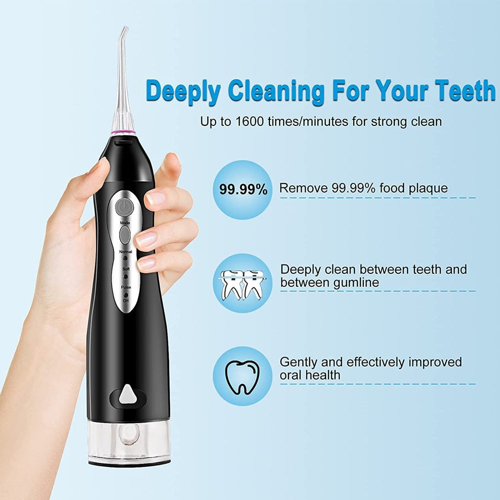 220ML Portable Dental Water Flosser with USB charging, featuring multiple nozzles and a waterproof design.