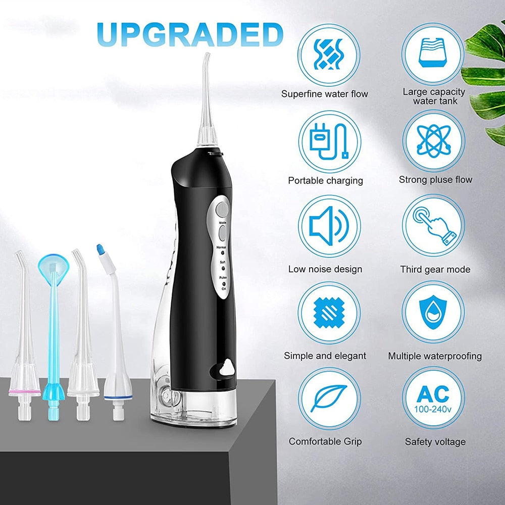 220ML Portable Dental Water Flosser with USB charging, featuring a sleek design and multiple nozzles for effective oral hygiene.