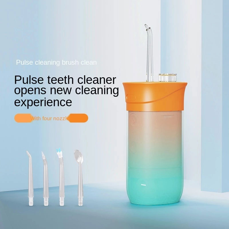 200ml Oral Irrigator Water Flosser with USB charging, featuring multiple nozzles and a large water tank for effective tooth cleaning.