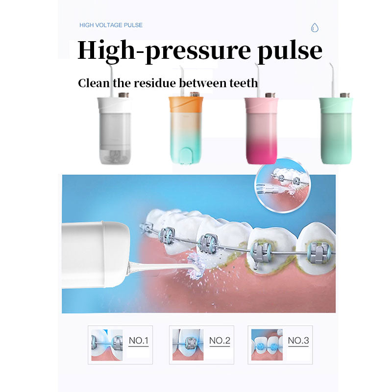 200ml Oral Irrigator Water Flosser with USB charging, featuring multiple nozzles and a large water tank for effective tooth cleaning.