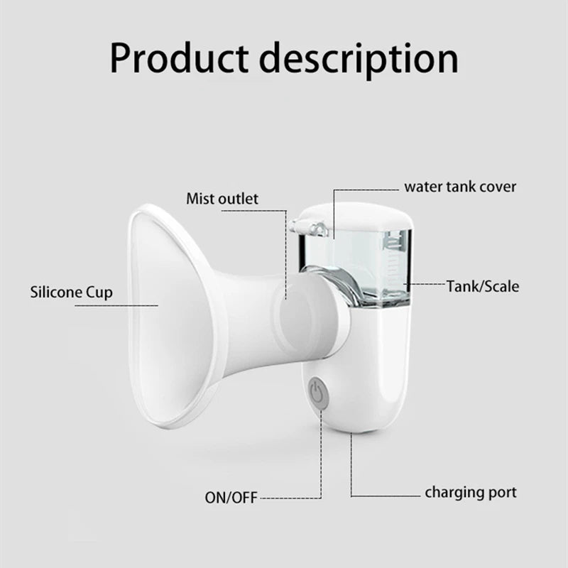 A compact 25mL Mini Portable Eye Care Nano Sprayer with a sleek design, featuring a water tank and USB charging port.