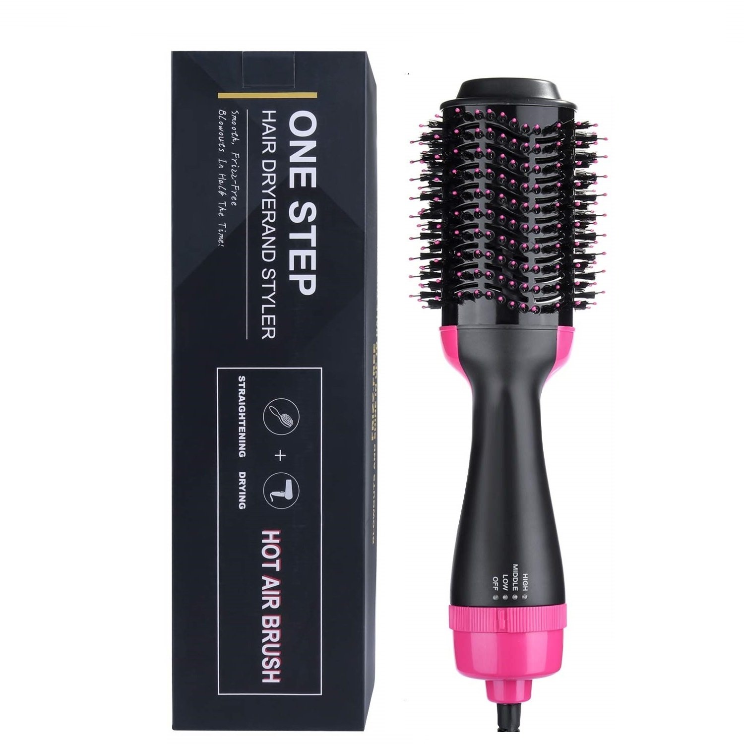 3 in 1 Multifunctional Hair Dryer and Brush Roller Comb in sleek design, showcasing its brush bristles and dryer nozzle.