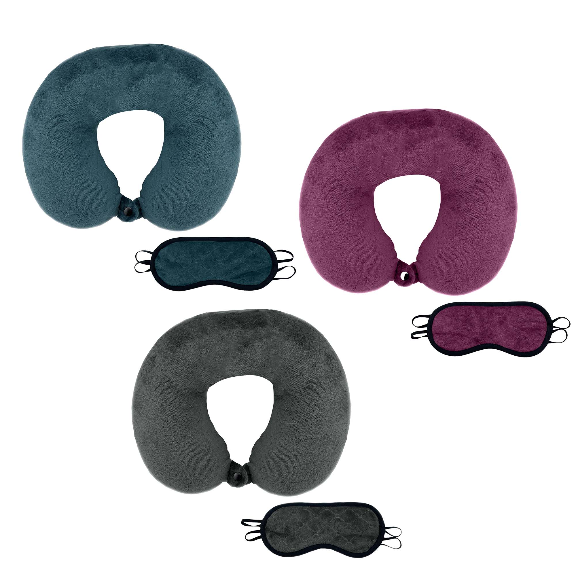 Three memory foam travel pillows with soft felt covers and three adjustable sleep masks, perfect for comfortable travel.